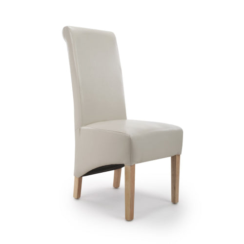 Cream Leather Roll Back Dining Chair Oak Legs