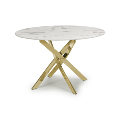 Large 120cm Round White Glass Top Gold Metal Base Dining Table
