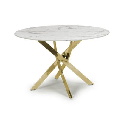 White Marble Effect 1.2m Round Dining Table Gold Metal Base