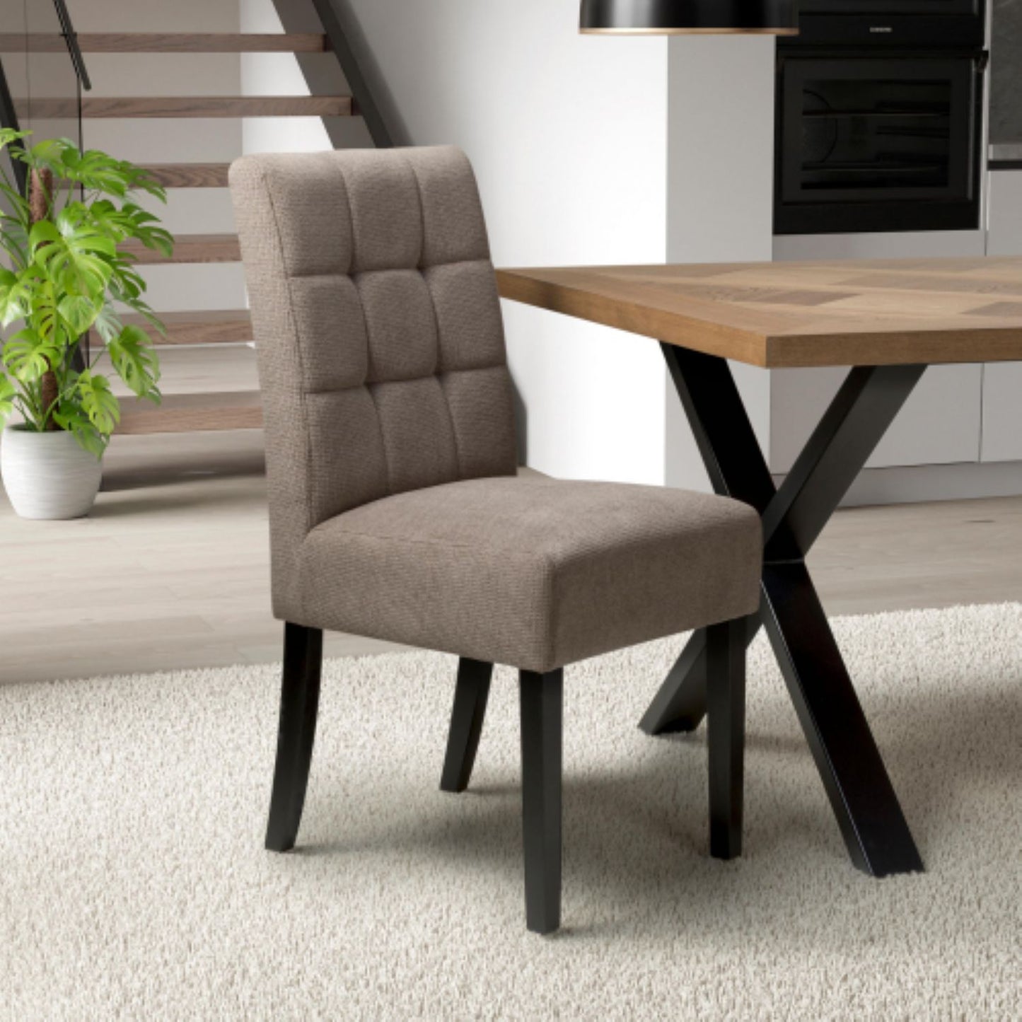 Flax Light Brown Natural Fabric Dining Chair Black Wooden Legs