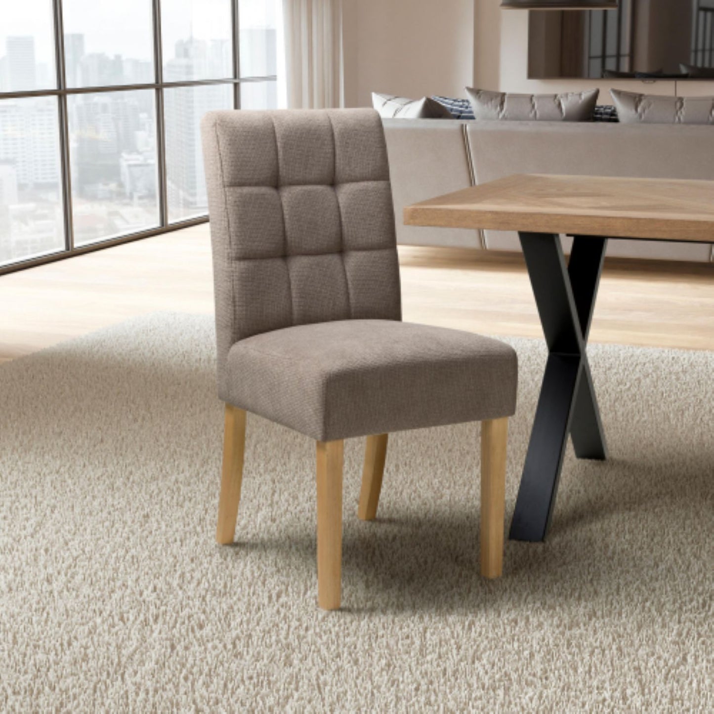 Flax Waffle Light Brown Fabric Dining Chair Natural Wood Legs