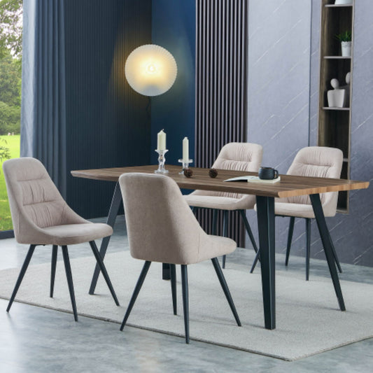 Dark Wood Wavy Edge Dining Table Set with 4 Beige Cream Chairs