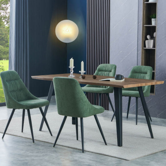 Dark Wood Wavy Edge Dining Table Set 4 Green Fabric Chairs