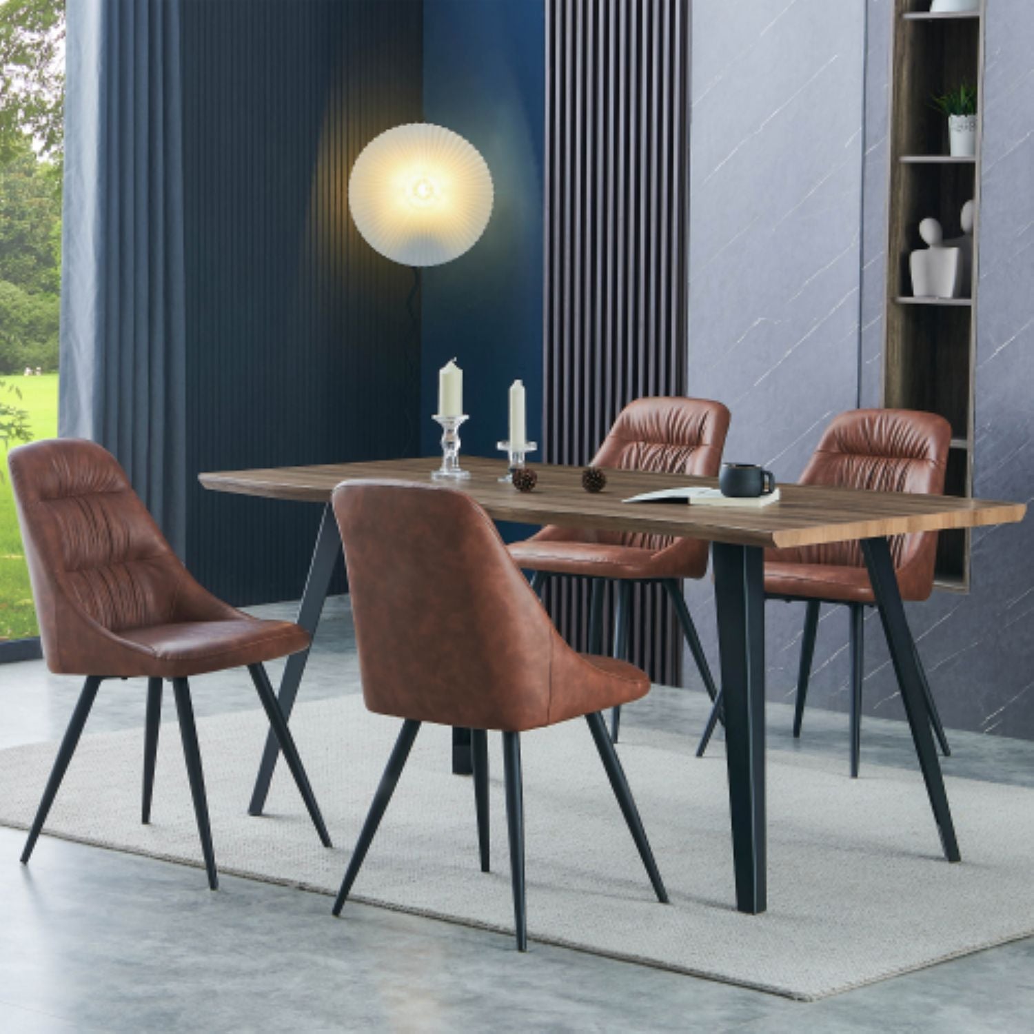 Dark Wood Wavy Edge Dining Table Set 4 Tan Brown Leather Chairs