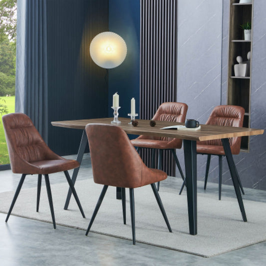 Dark Wood Wavy Edge Dining Table Set 4 Tan Brown Leather Chairs